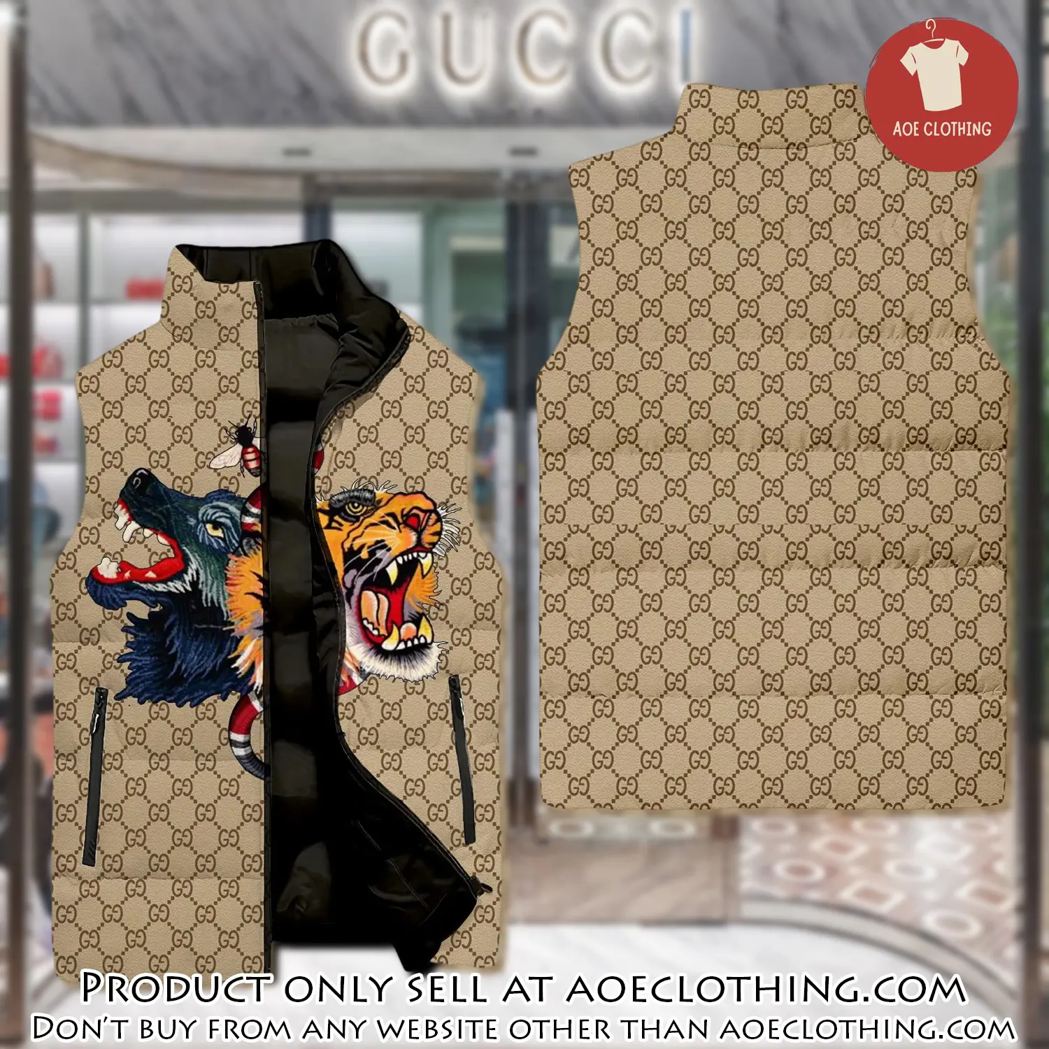 Gucci tiger & wolf luxury brand 3d sleeveless down jacket aoe2353626
